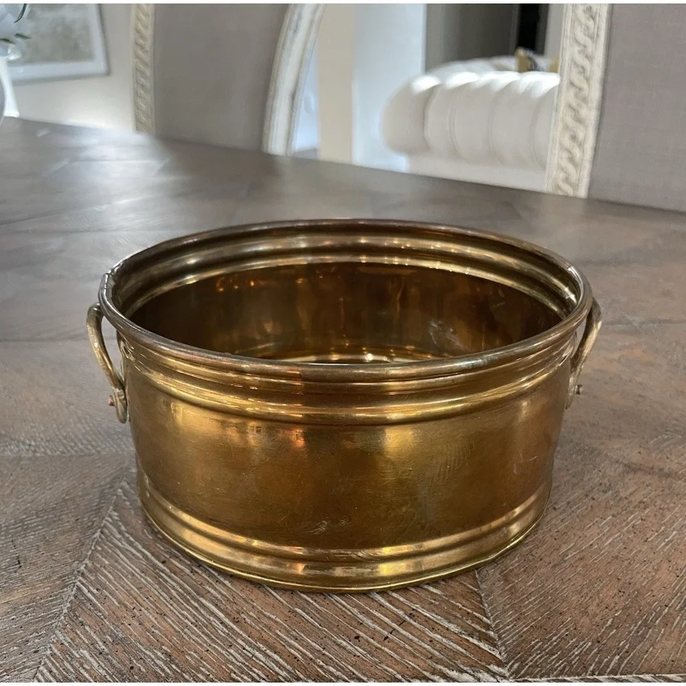 Vintage Solid Brass Round Planter Bowl with Handles 6.5